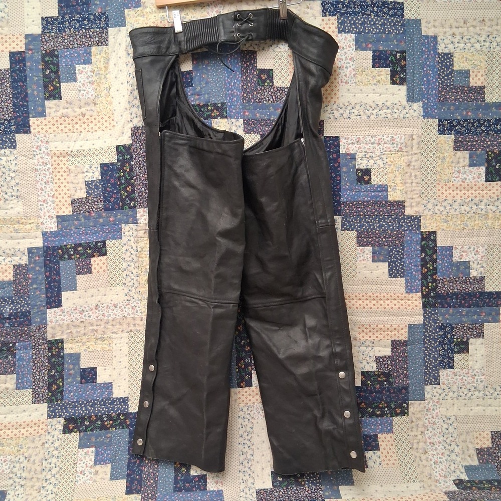 Interstate Leather Black Motorcycle Chaps Size 2XL Adjustable Waist - Picture 3 of 10